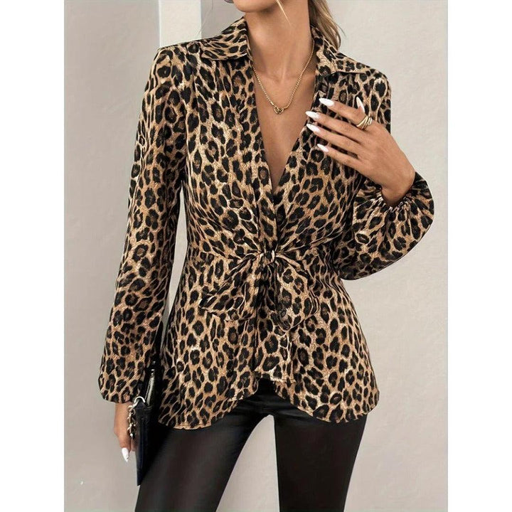 Women Blouse Leopard Print Long Sleeve Tie Front V-Neck