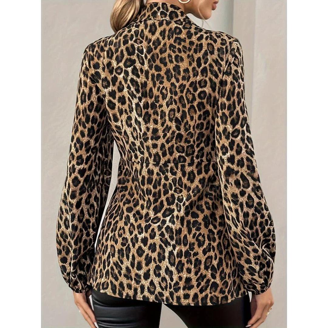 Women Blouse Leopard Print Long Sleeve Tie Front V-Neck