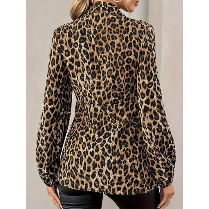Women Blouse Leopard Print Long Sleeve Tie Front V-Neck