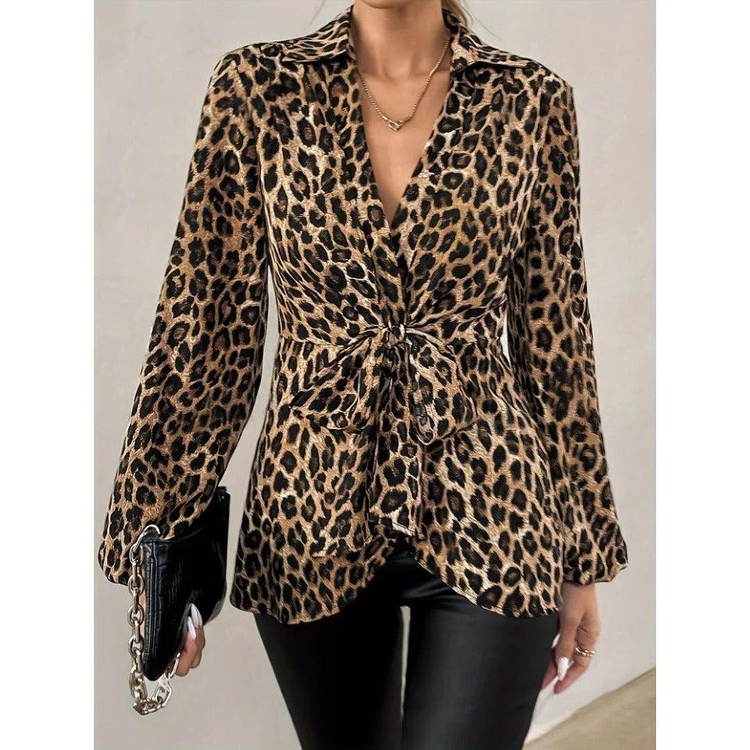 Women Blouse Leopard Print Long Sleeve Tie Front V-Neck