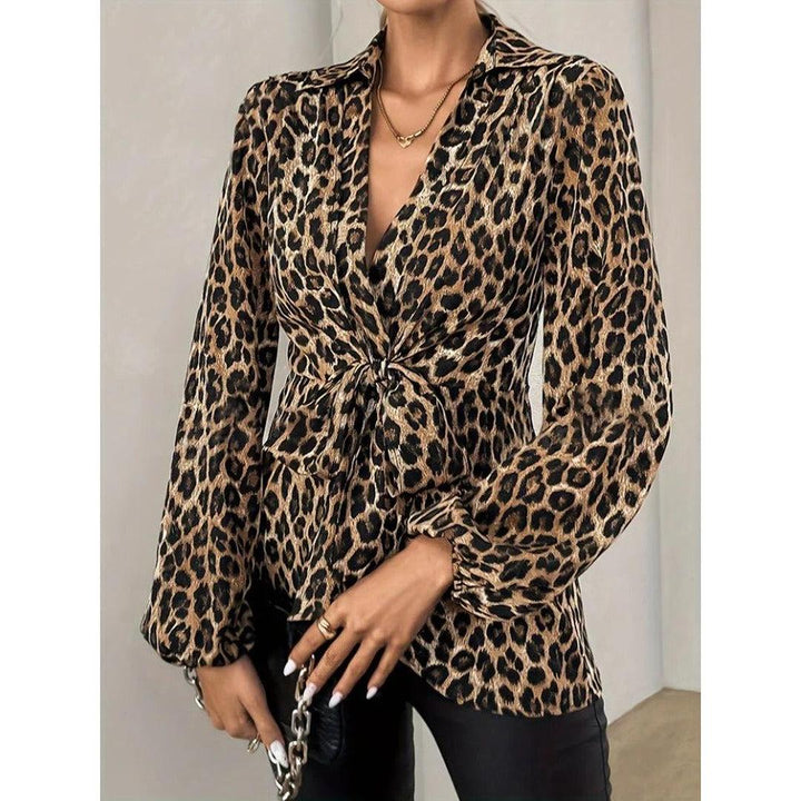 Women Blouse Leopard Print Long Sleeve Tie Front V-Neck