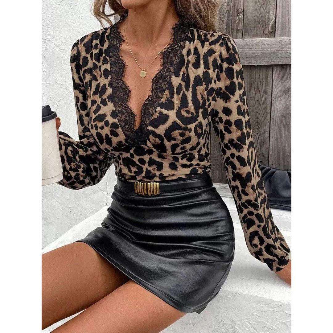 Women Blouse Leopard Print V Neck Lace Trim Long Sleeve