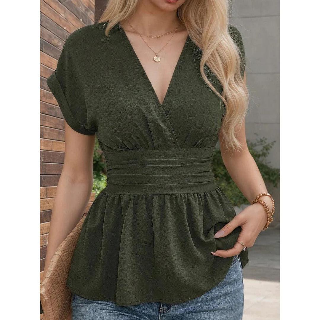 Women Blouse V Neck Short Sleeve Peplum