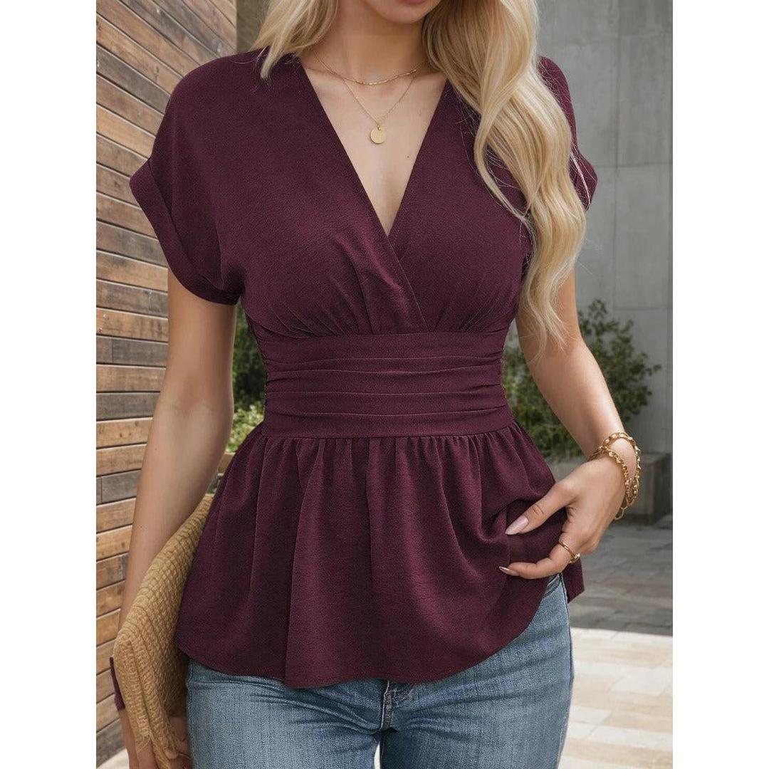 Women Blouse V Neck Short Sleeve Peplum