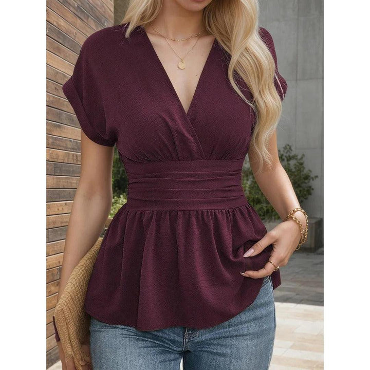 Women Blouse V Neck Short Sleeve Peplum