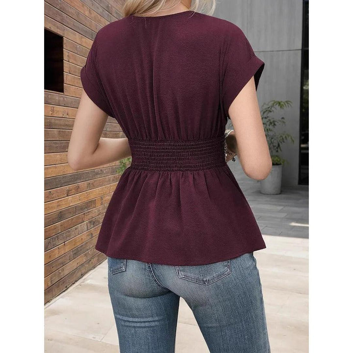 Women Blouse V Neck Short Sleeve Peplum