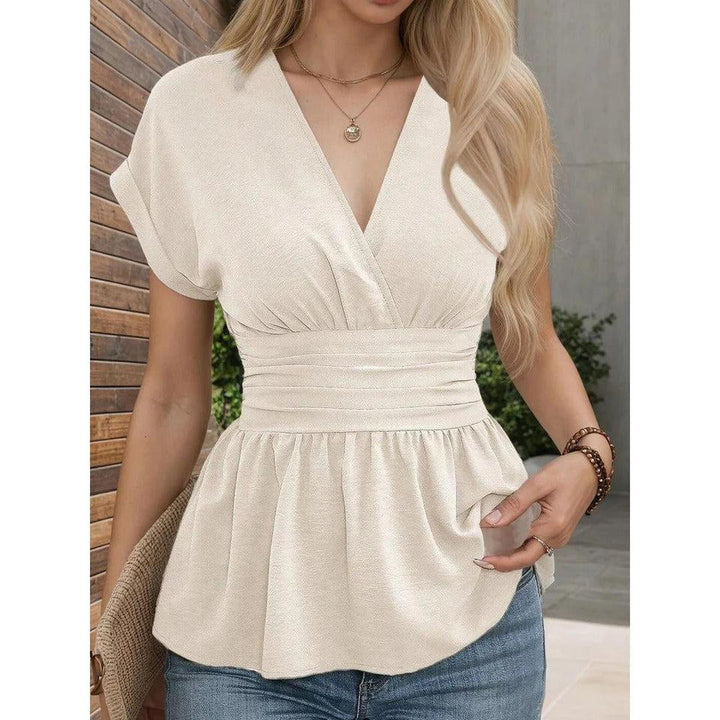 Women Blouse V Neck Short Sleeve Peplum