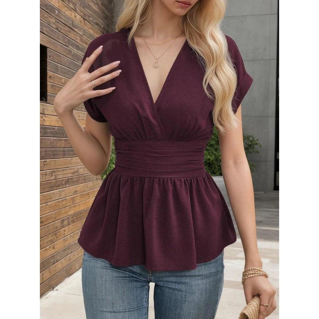 Women Blouse V Neck Short Sleeve Peplum