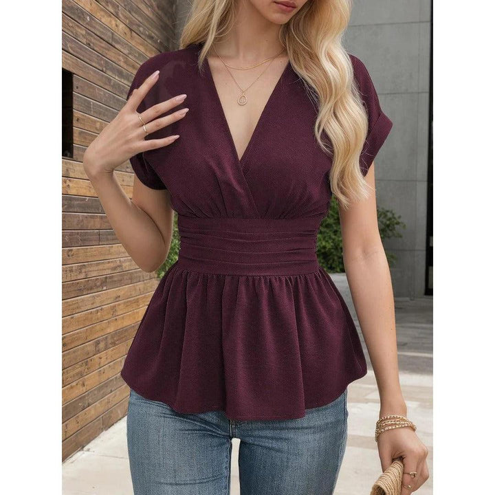 Women Blouse V Neck Short Sleeve Peplum