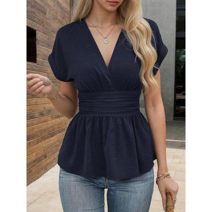 Women Blouse V Neck Short Sleeve Peplum