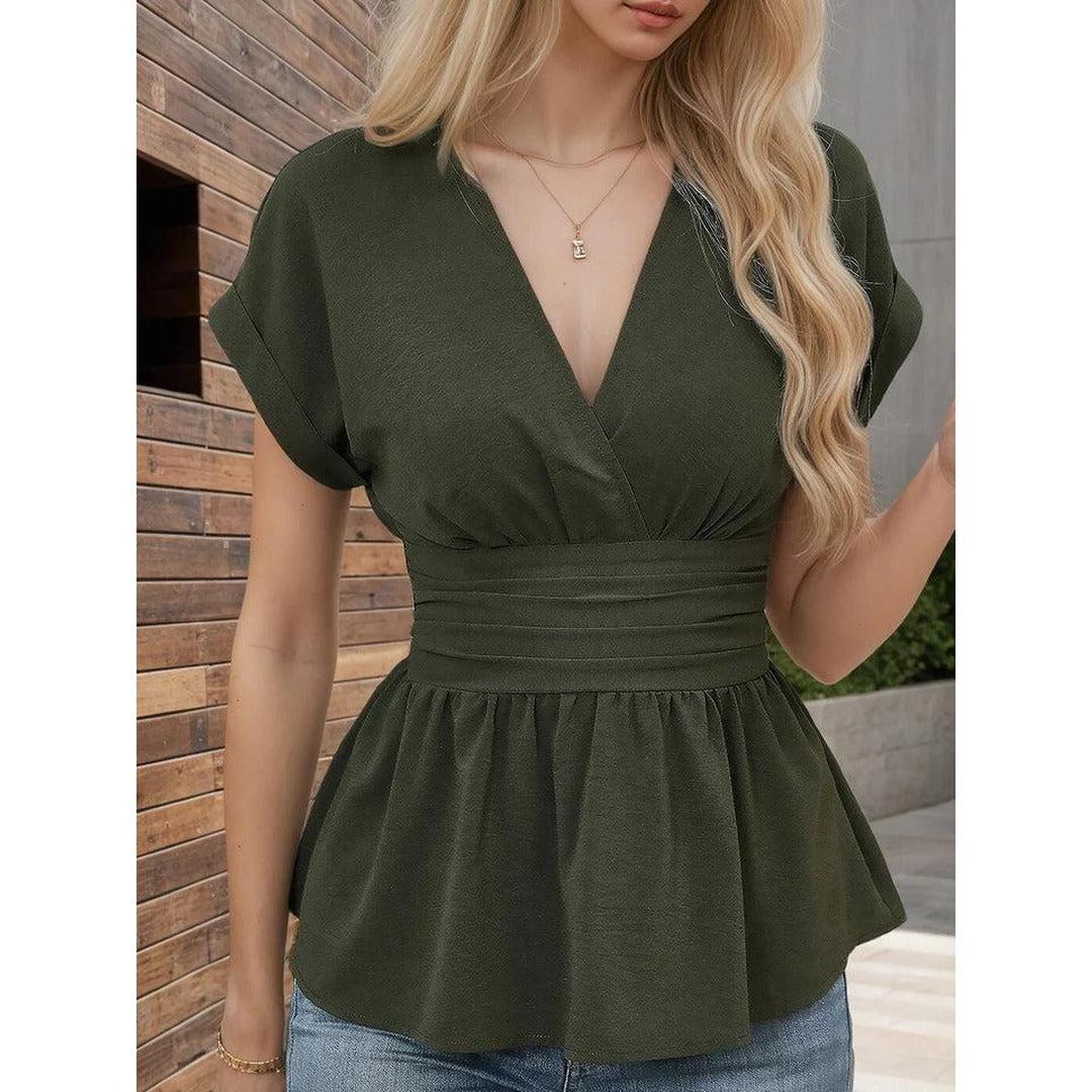 Women Blouse V Neck Short Sleeve Peplum