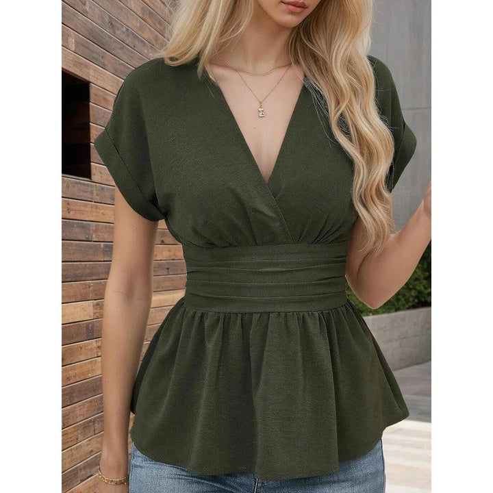 Women Blouse V Neck Short Sleeve Peplum
