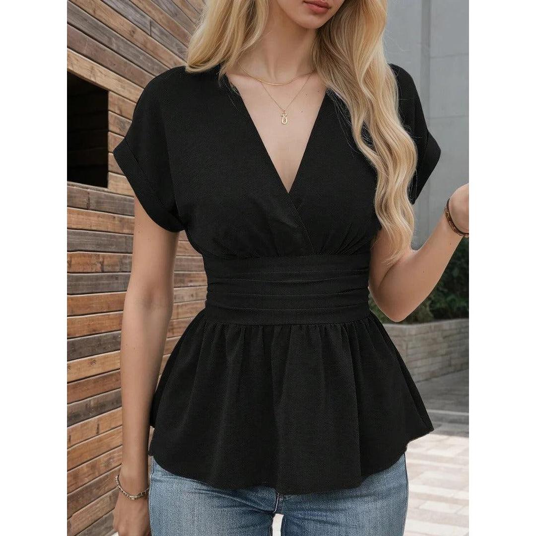 Women Blouse V Neck Short Sleeve Peplum
