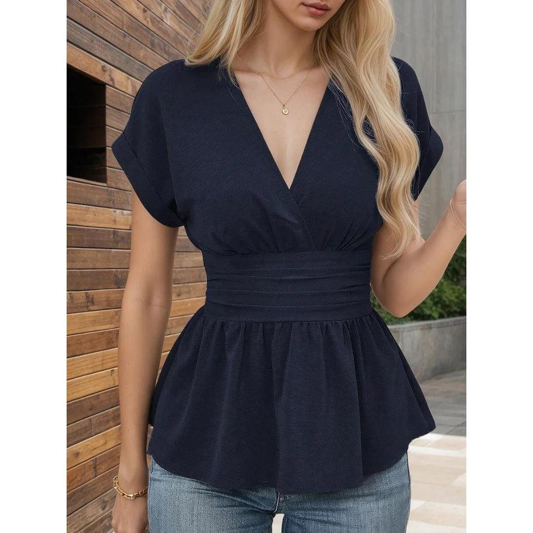 Women Blouse V Neck Short Sleeve Peplum