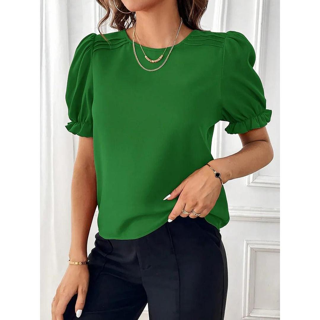 Women Blouse Round Neck Puff Sleeve