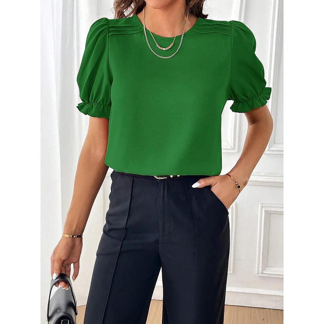 Women Blouse Round Neck Puff Sleeve