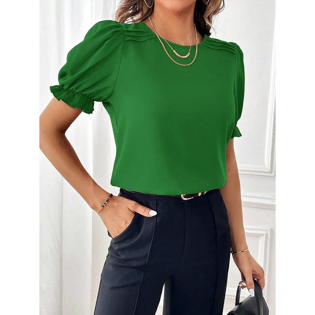 Women Blouse Round Neck Puff Sleeve