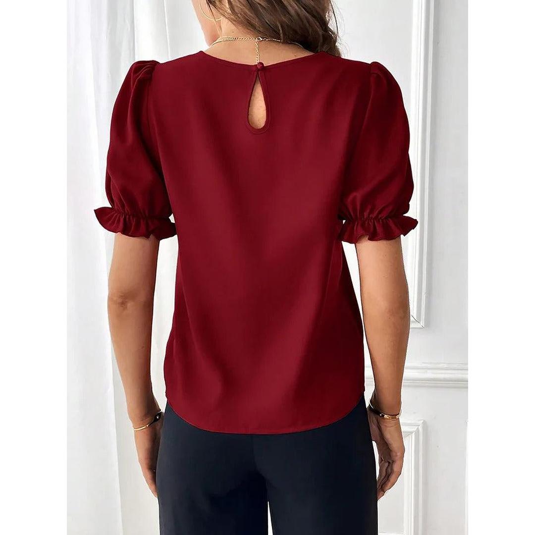 Women Blouse Round Neck Puff Sleeve