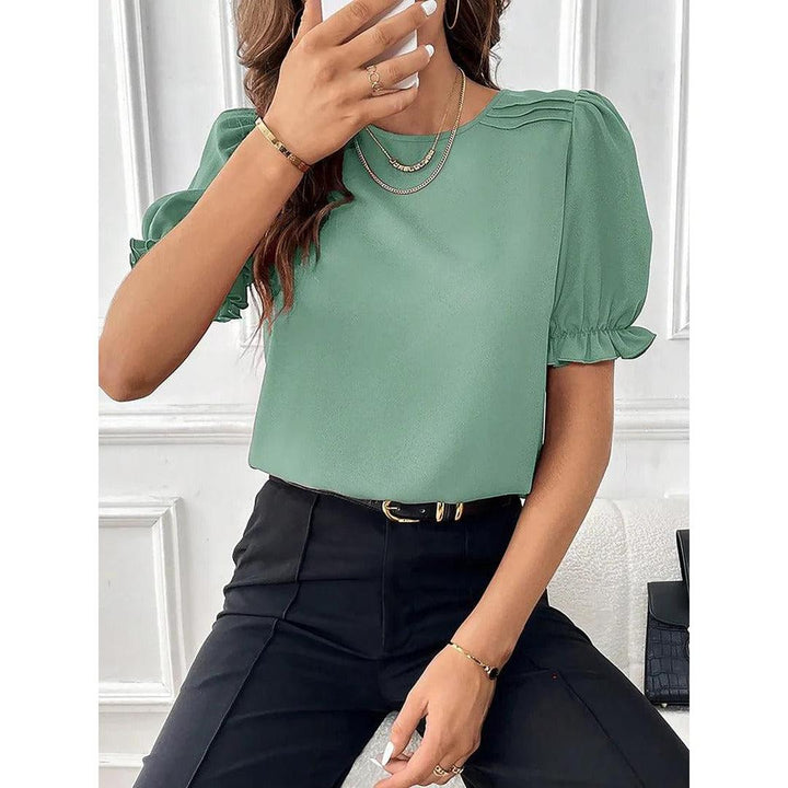 Women Blouse Round Neck Puff Sleeve