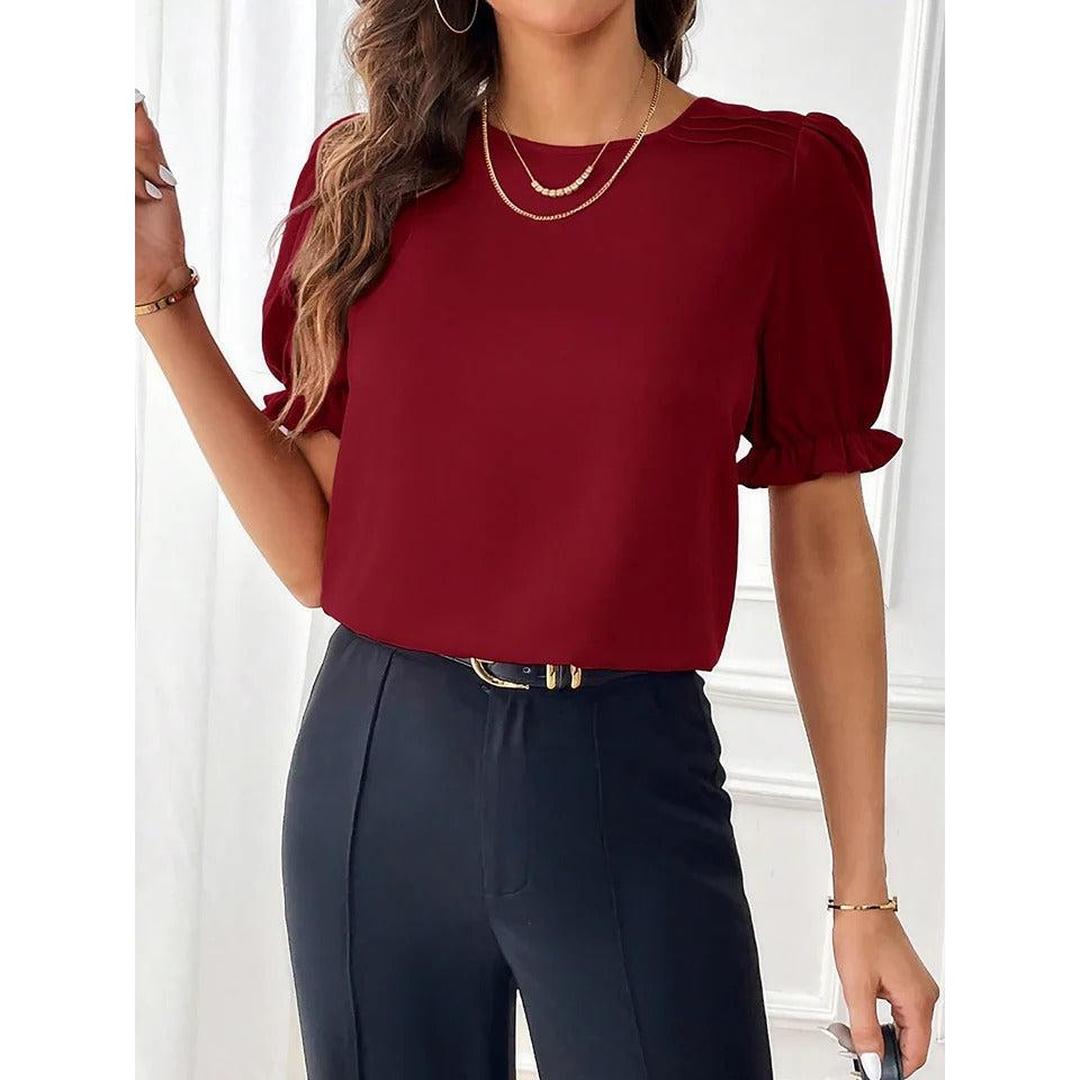 Women Blouse Round Neck Puff Sleeve