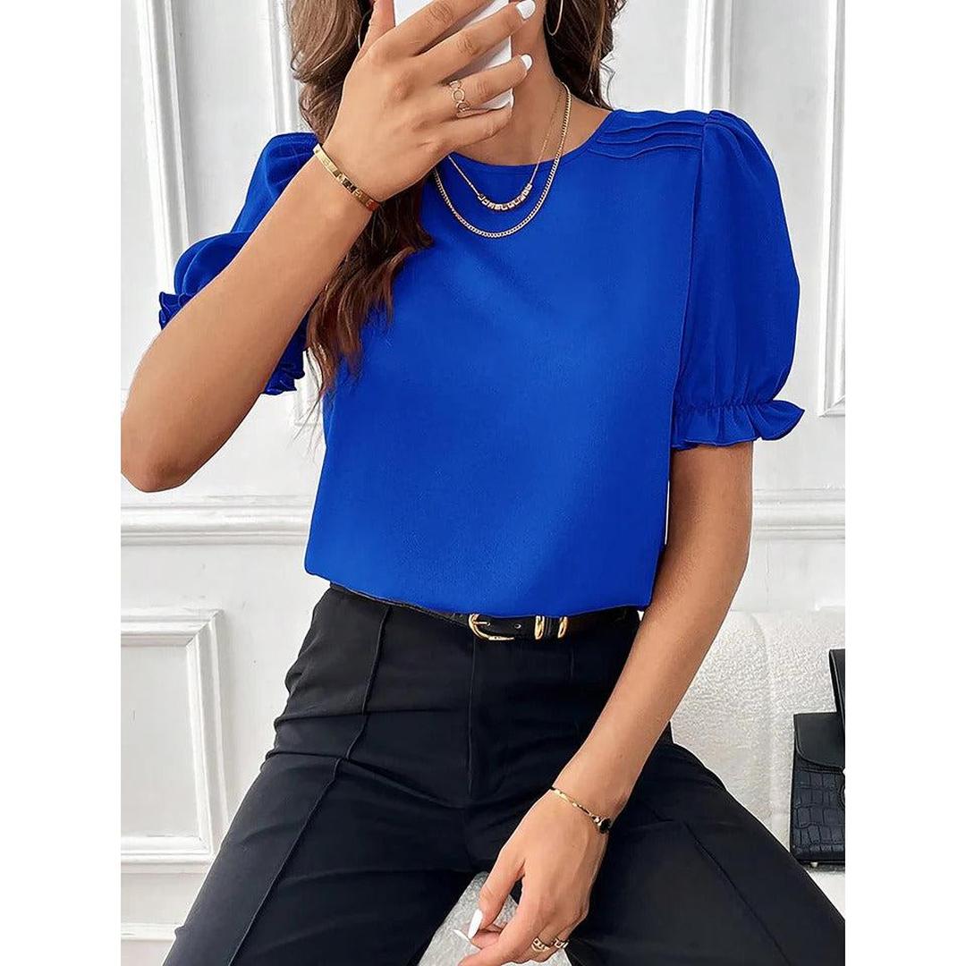 Women Blouse Round Neck Puff Sleeve