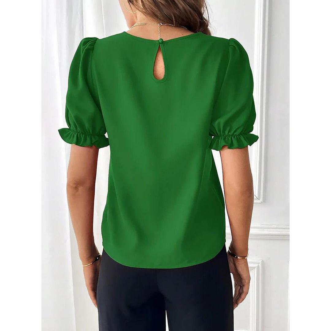 Women Blouse Round Neck Puff Sleeve