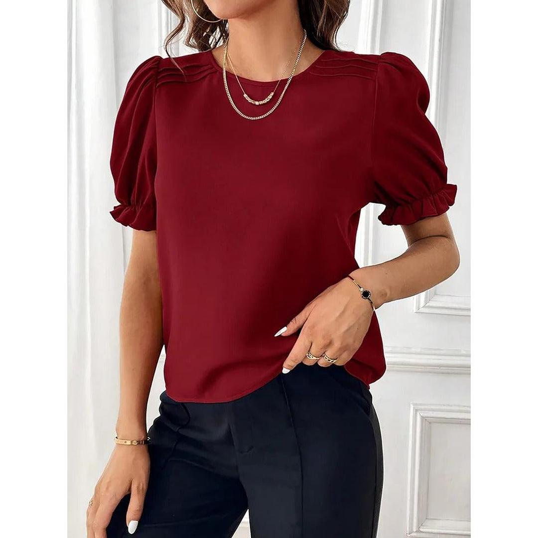 Women Blouse Round Neck Puff Sleeve