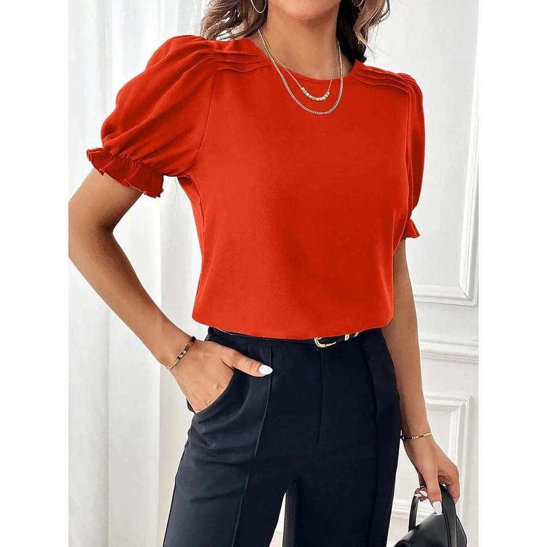 Women Blouse Round Neck Puff Sleeve