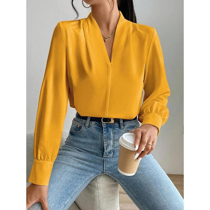 Women Blouse Solid Color V Neck Long Sleeve