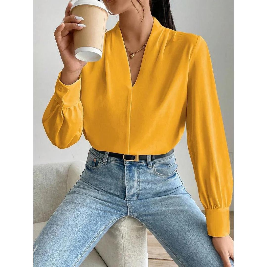 Women Blouse Solid Color V Neck Long Sleeve