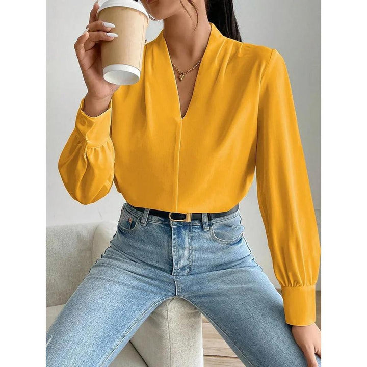 Women Blouse Solid Color V Neck Long Sleeve