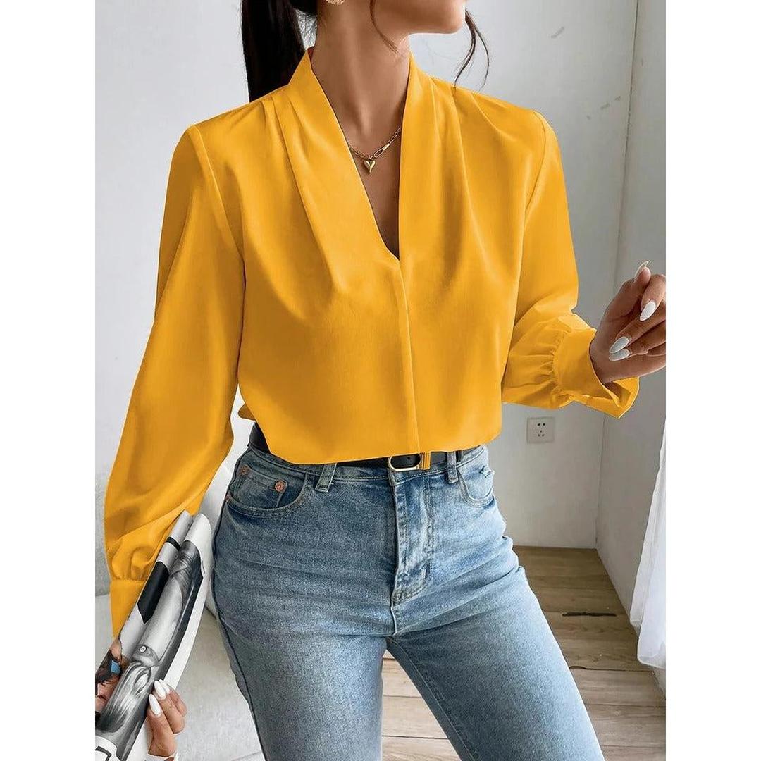 Women Blouse Solid Color V Neck Long Sleeve