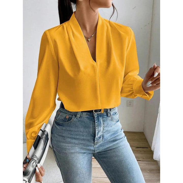 Women Blouse Solid Color V Neck Long Sleeve