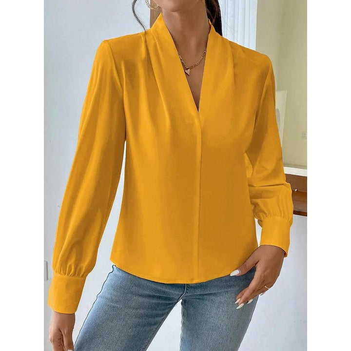Women Blouse Solid Color V Neck Long Sleeve