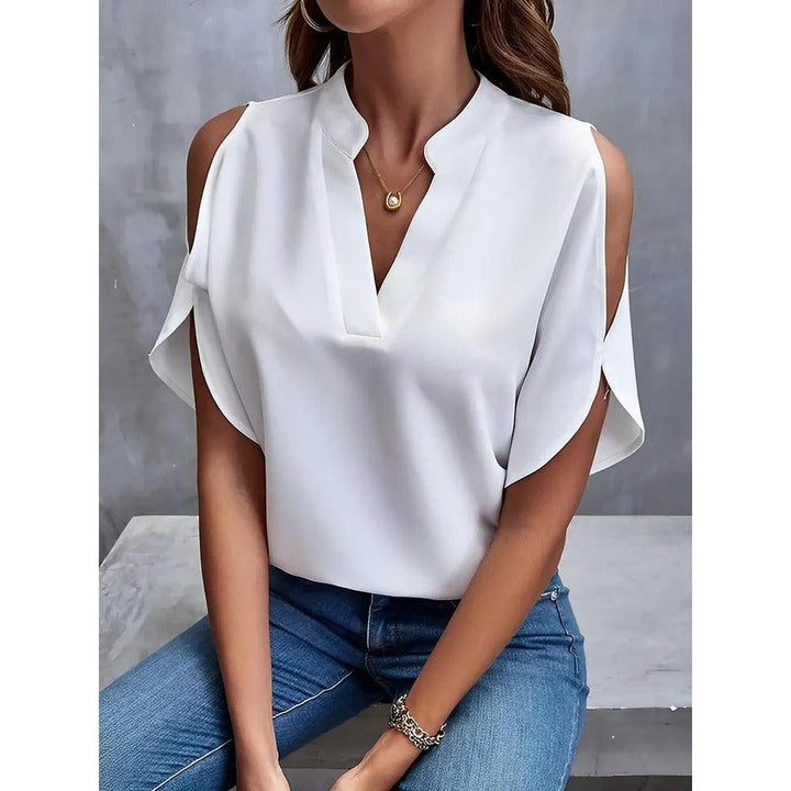 Women Blouse Solid Color Notch Neck Cold Shoulder Short Sleeve