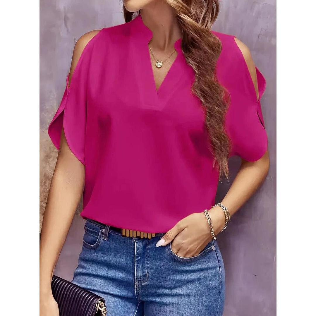 Women Blouse Solid Color Notch Neck Cold Shoulder Short Sleeve