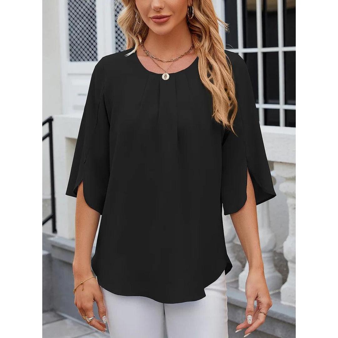 Women Blouse Solid Color Round Neck 3/4 Sleeve