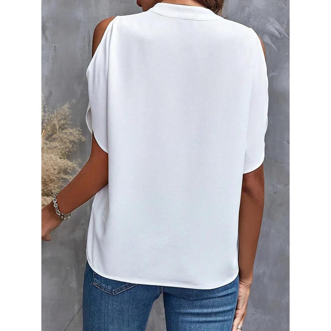 Women Blouse Solid Color Notch Neck Cold Shoulder Short Sleeve