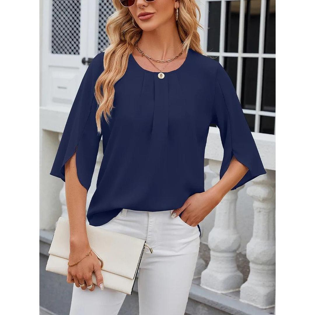 Women Blouse Solid Color Round Neck 3/4 Sleeve