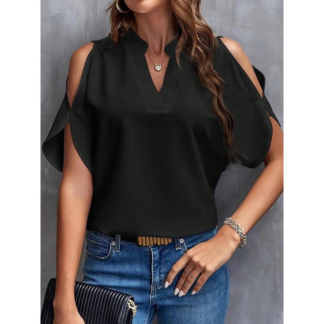 Women Blouse Solid Color Notch Neck Cold Shoulder Short Sleeve