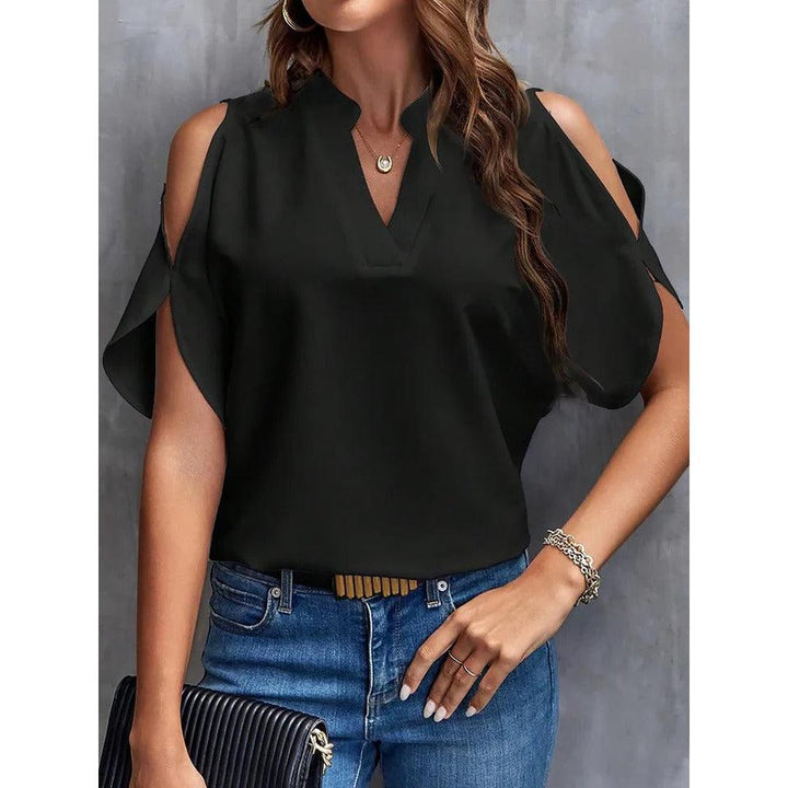Women Blouse Solid Color Notch Neck Cold Shoulder Short Sleeve