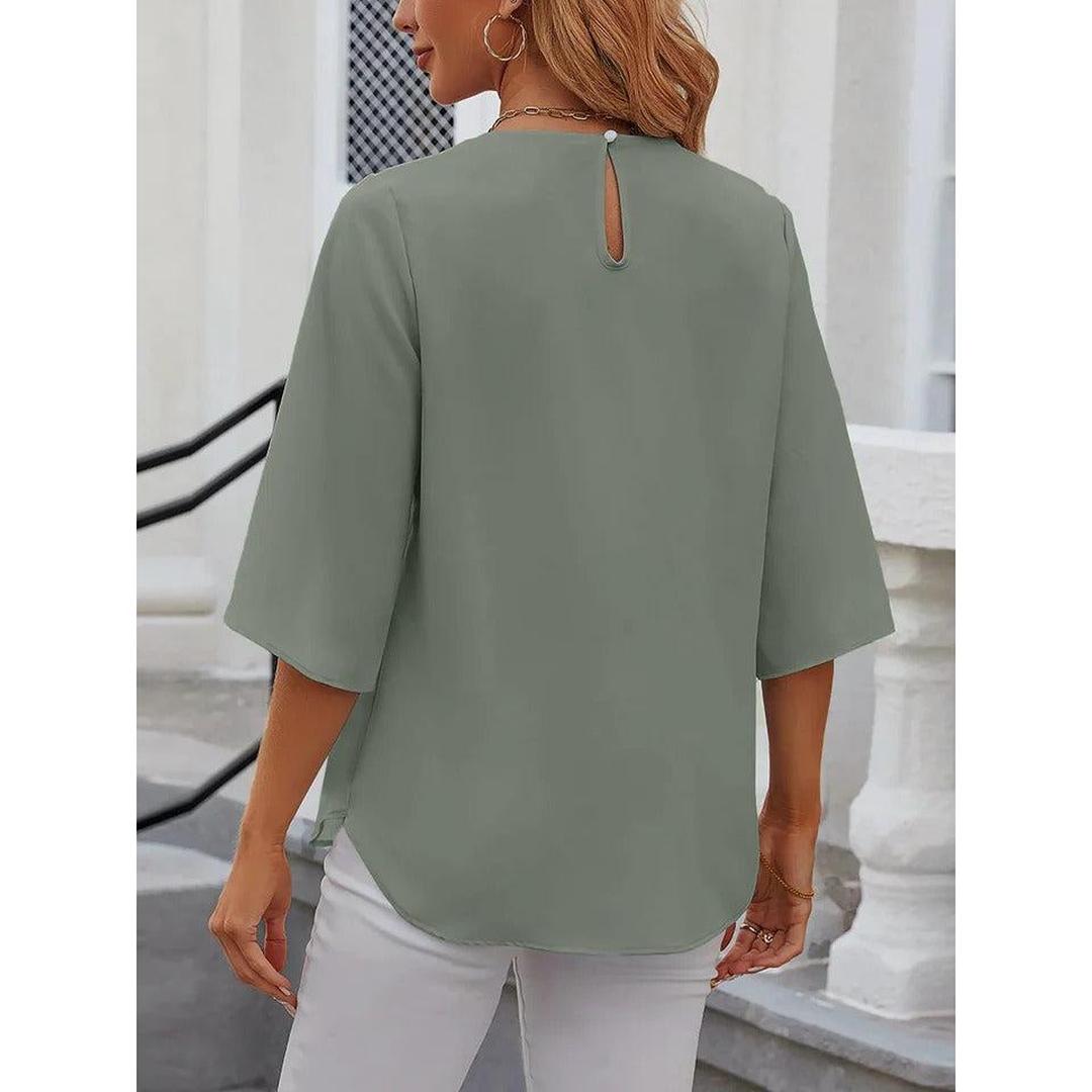 Women Blouse Solid Color Round Neck 3/4 Sleeve