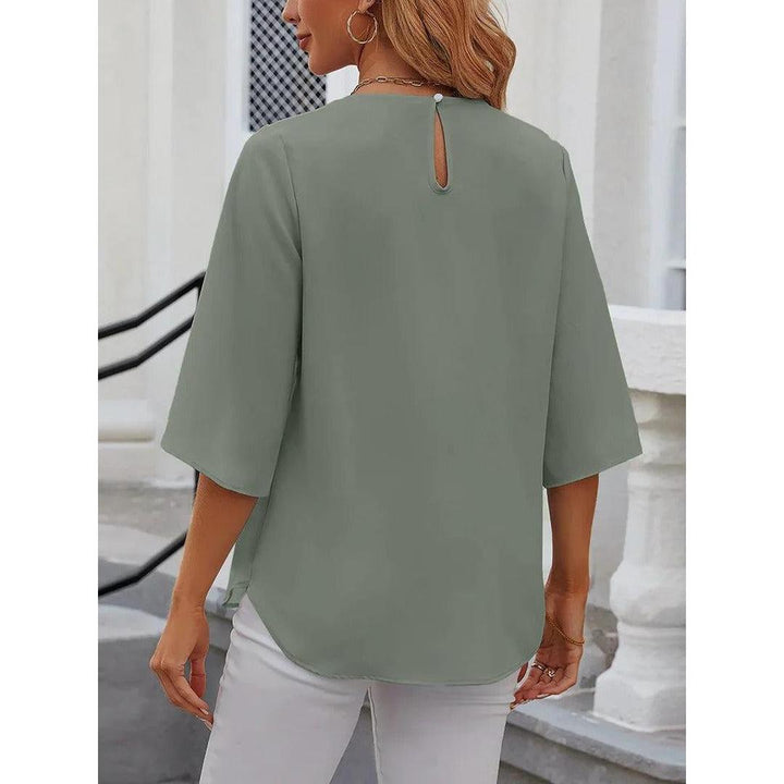 Women Blouse Solid Color Round Neck 3/4 Sleeve