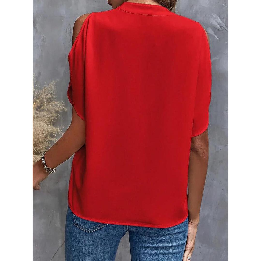 Women Blouse Solid Color Notch Neck Cold Shoulder Short Sleeve