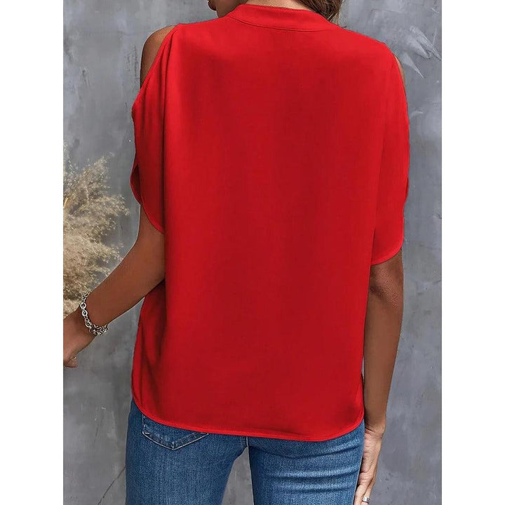 Women Blouse Solid Color Notch Neck Cold Shoulder Short Sleeve
