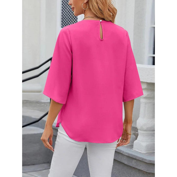Women Blouse Solid Color Round Neck 3/4 Sleeve