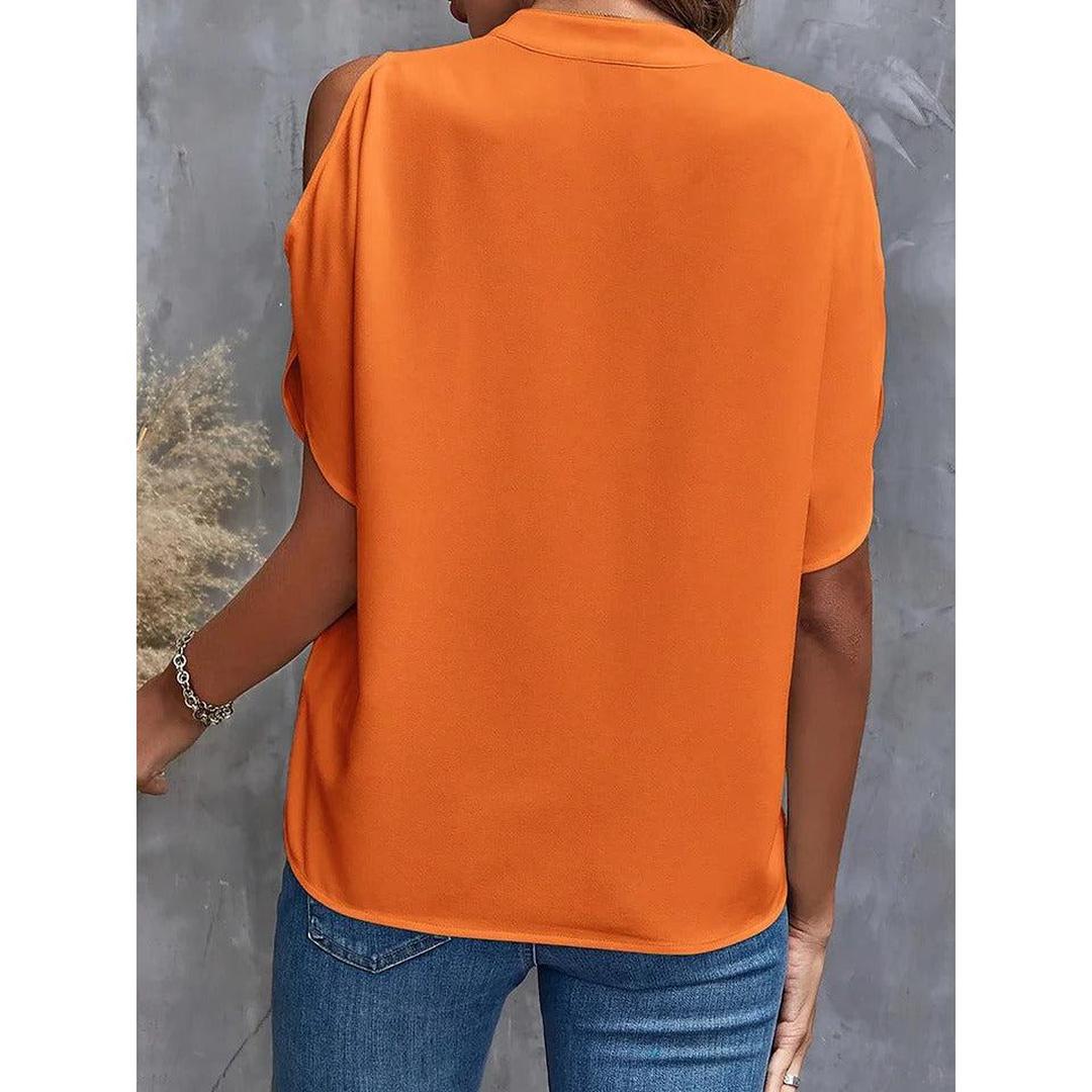 Women Blouse Solid Color Notch Neck Cold Shoulder Short Sleeve