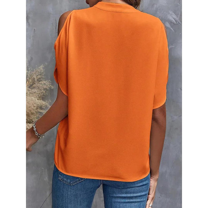 Women Blouse Solid Color Notch Neck Cold Shoulder Short Sleeve