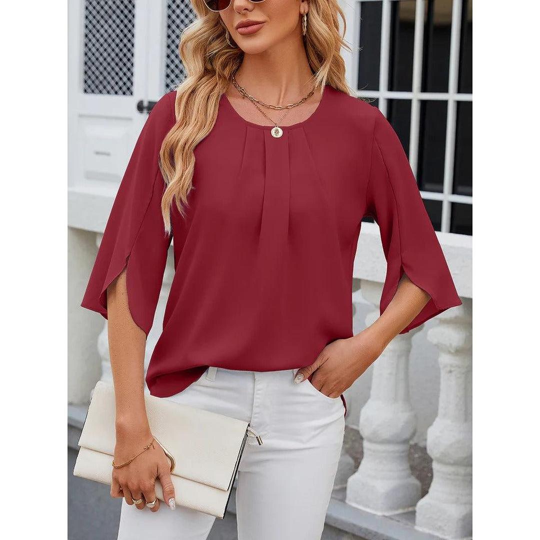 Women Blouse Solid Color Round Neck 3/4 Sleeve