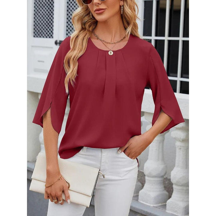 Women Blouse Solid Color Round Neck 3/4 Sleeve